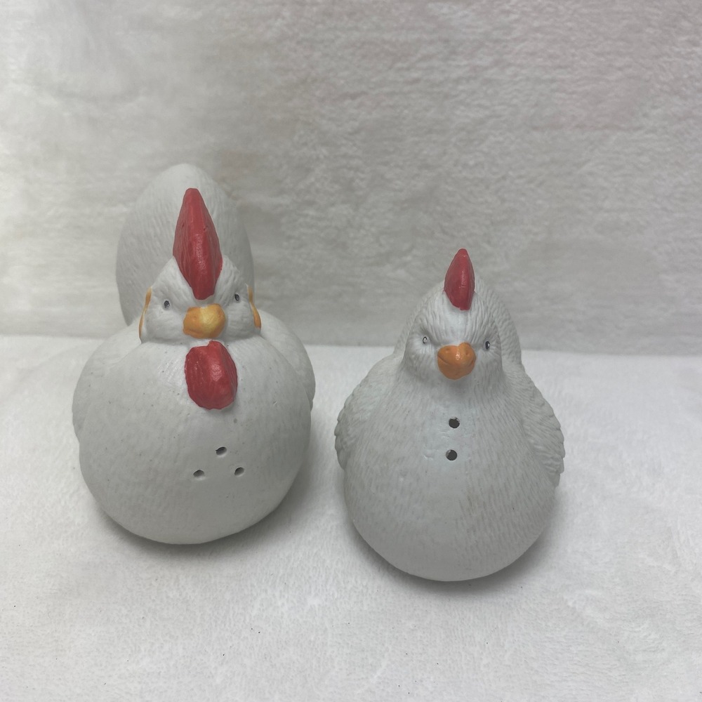 NOS White Ceramic or Porcelain Rooster & Hen Salt & Pepper Shakers Farmhouse